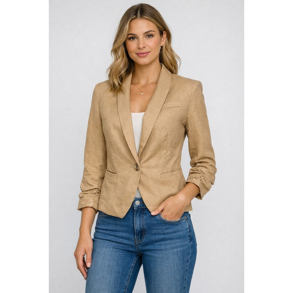 Gibson Linen Blazer XS Tan 3/4 Ruched Sleeve- Shawl Collar Floral Lined‎ Capsule